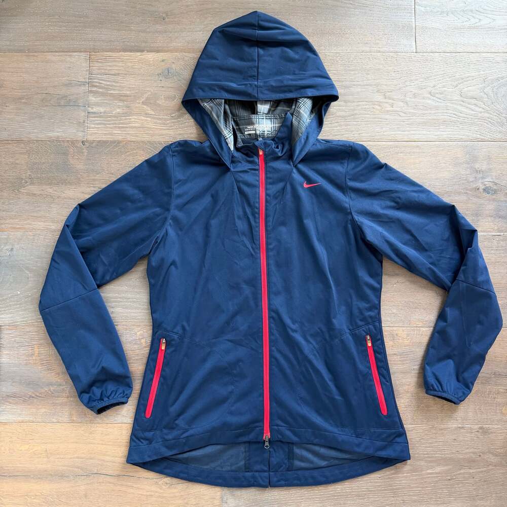 Nike Womens Full Zip Hooded Golf Jacket Blue Sports Zip Pockets Navy Red Size M